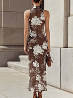 Women's Vintage-print Stand-collar Sleeveless Loose-fit Mesh Casual Dress