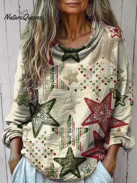 Women's Retro Christmas Art Print Cotton Casual   Shirt