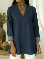 Elegant V-neck Pleated Denim Cotton Top