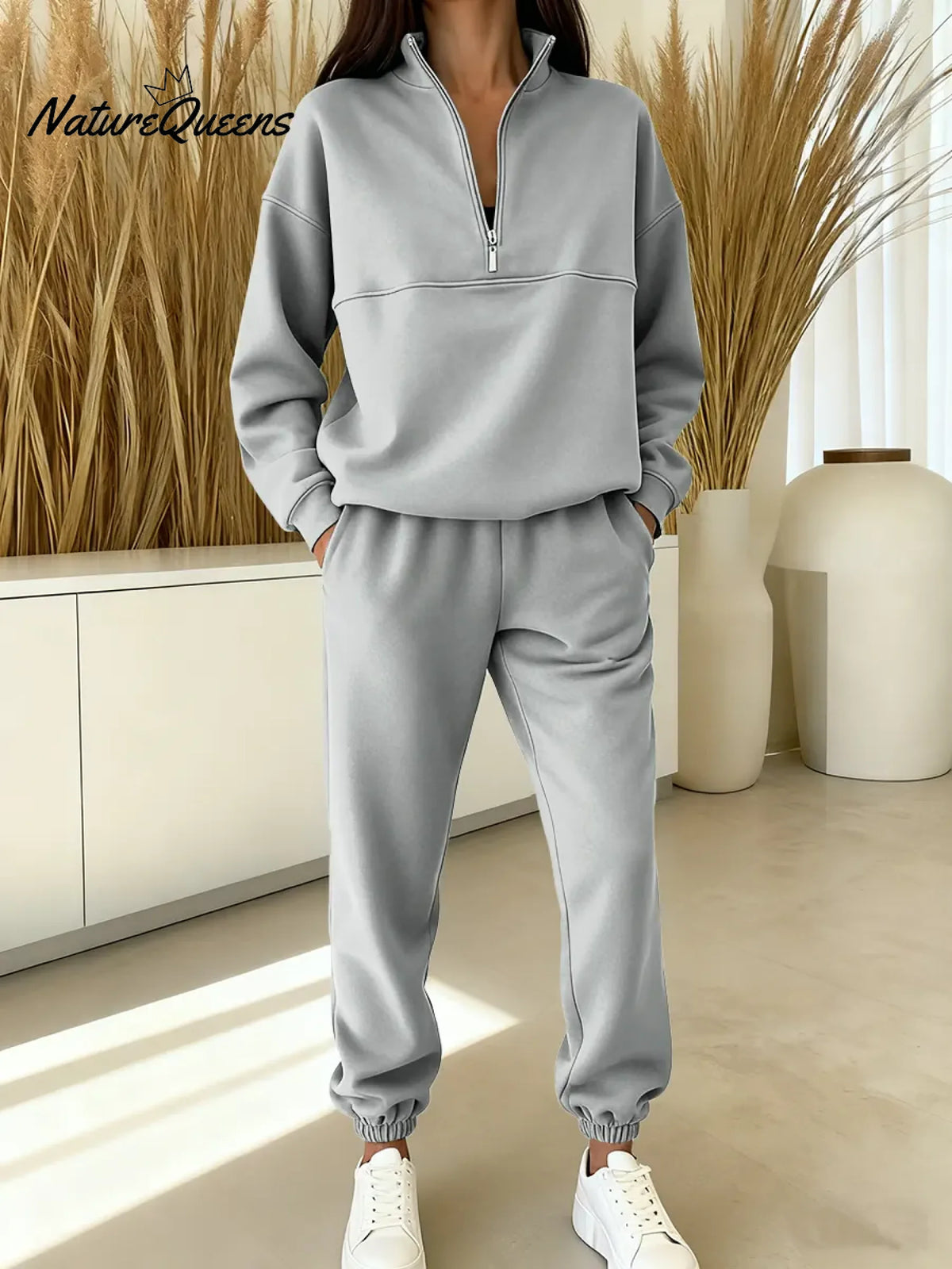 Women's Solid Color Cardigan Collar Long Sleeve Casual Loose-fitting Sweatshirt With Elastic Waist And Jogger Pants Set