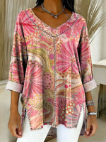 Women's Retro Gradient Flowers Floral Art Patterns Casual Washed Denim Cotton Top