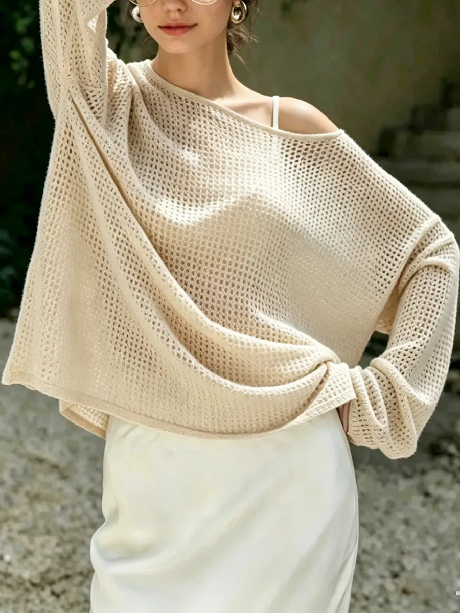 Women Beige Asymmetric Cold Shoulder Open Mesh Knit Top, Oversized Drop Shoulder Long Sleeve Hollow Out Slant Neck Loose Casual Blouse
