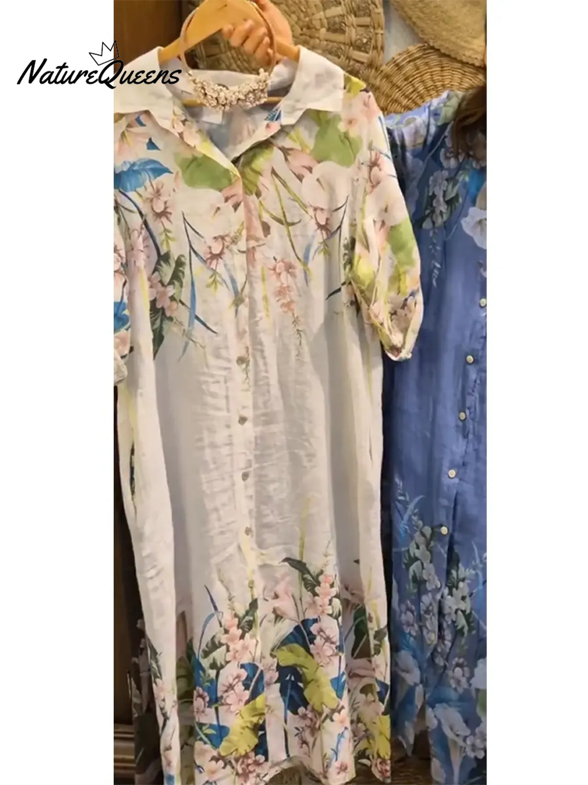 Women's Loose Casual Floral Print Cotton Linen Shirt Dress