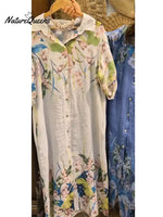 Women's Loose Casual Floral Print Cotton Linen Shirt Dress