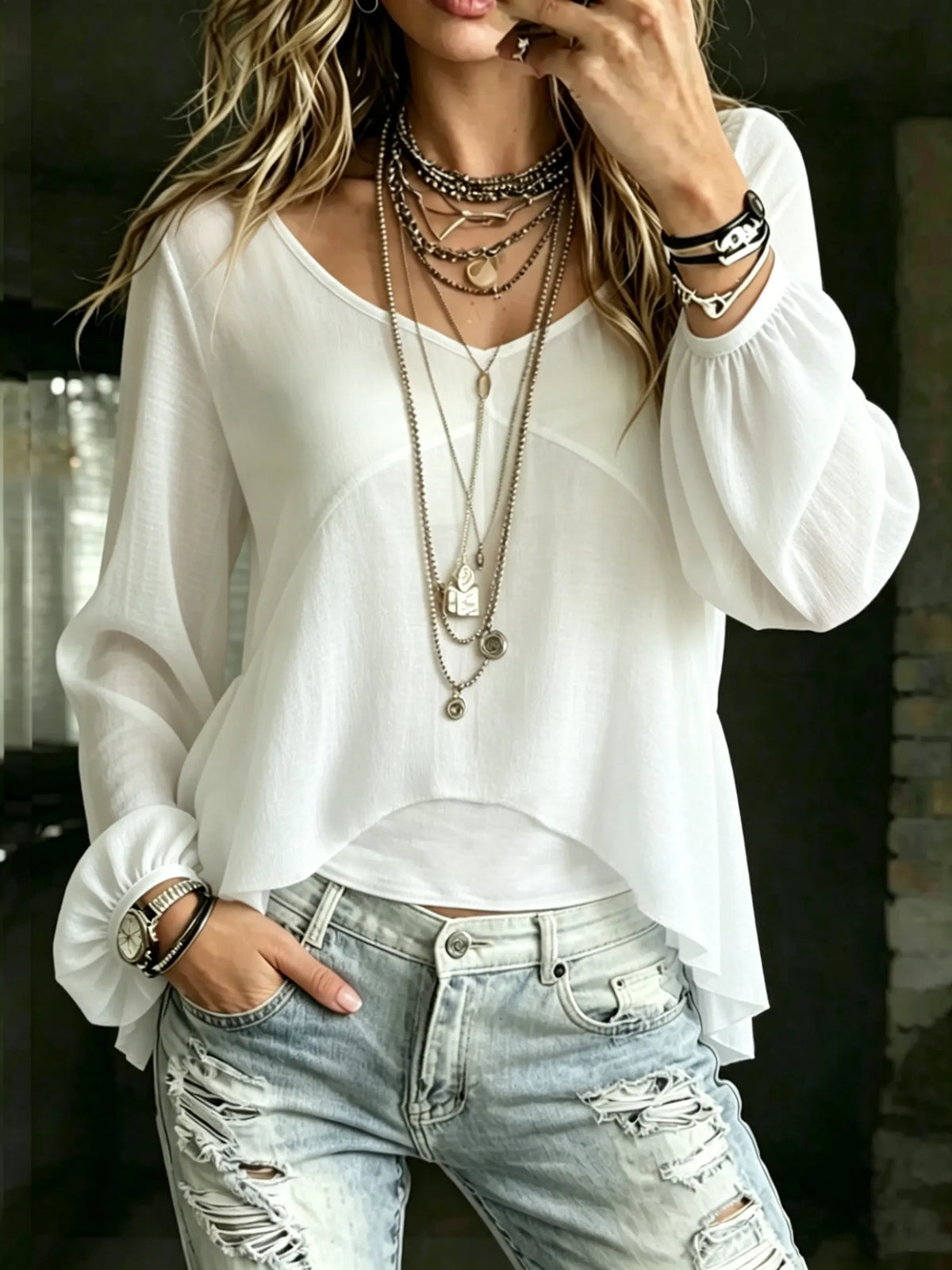 Women's Elegant V-neck Long Sleeve Blouse With High-low Hem And Lantern Sleeves