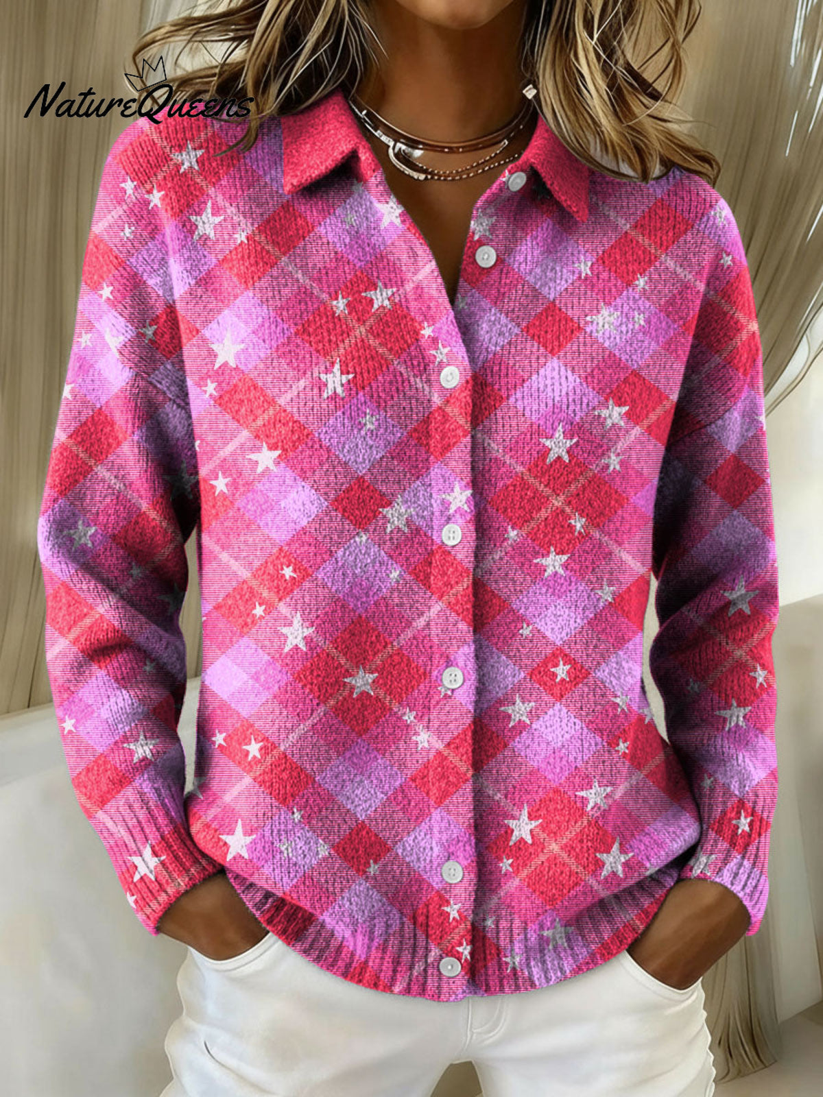 Christmas-themed Star And Plaid Decorative Patterns Casual Shirt Collar Long Sleeve Sweater