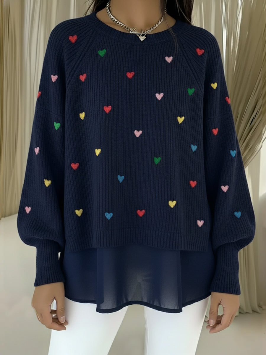 Comfortable Heart Embroidered Chiffon Patchwork Pullover Sweater