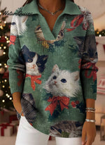 Christmas Cat Gradient Art Pattern Polo Collar Shiny Loose Sweater Top