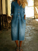 Women's Shirt Collar Long-sleeved Loose Casual Denim Dress