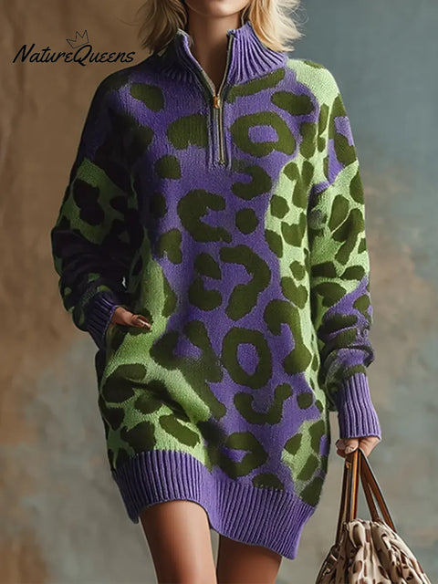 Women's Leopard Print Stand Collar Long Sleeve Casual Loose Knit Dress