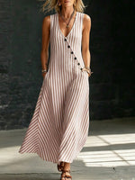 Cozy Classic Striped Button-front Cotton-linen Dress