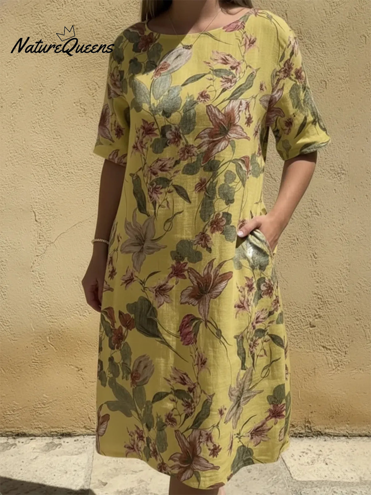 Lily Flower Print Round Neck A-line Dress