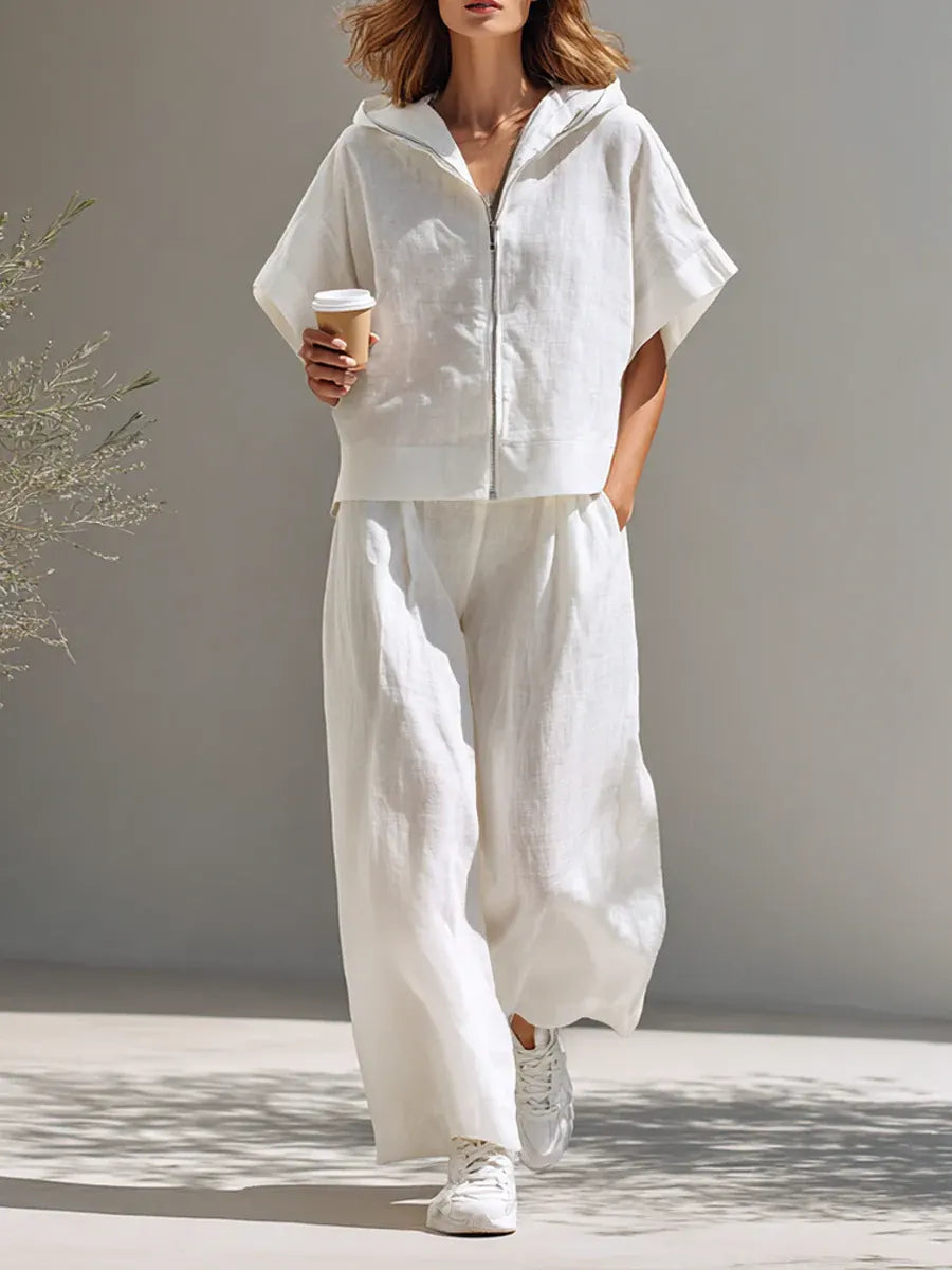 Women's Casual Simple Style Hoodie And Wide-leg Pants Cotton-linen Set