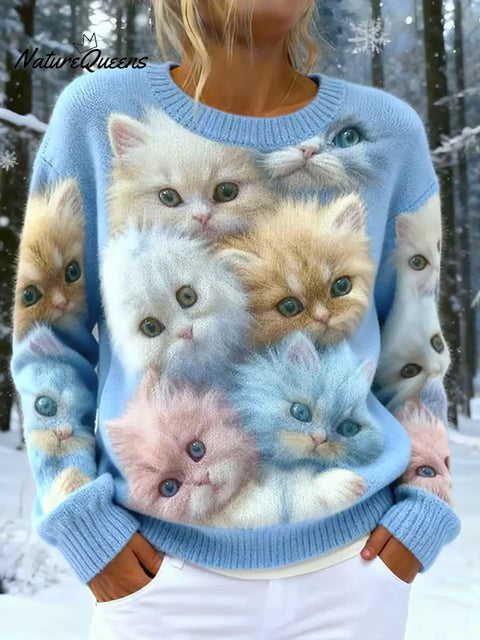 Women's Funny Cats Art Print Casual Knit Sweater