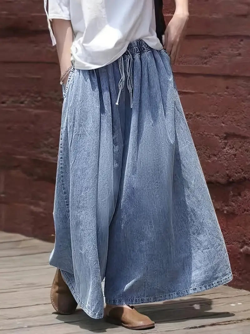 Washed Denim Drawstring Elastic Waist Wide-leg Culottes