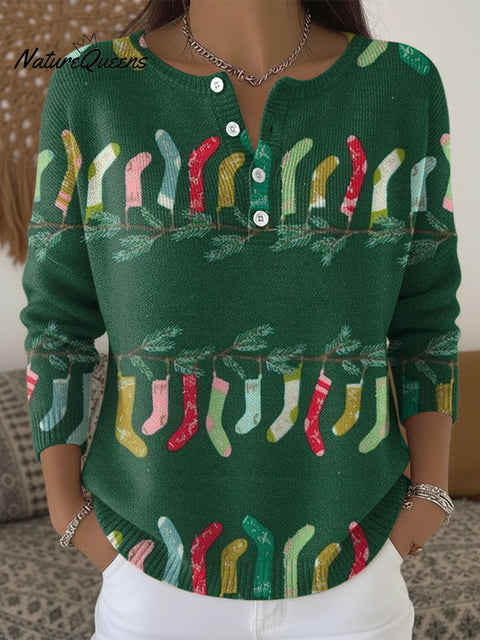 Women's Christmas Colors Sock Pattern Art Print Buttoned Cardigan Sweater