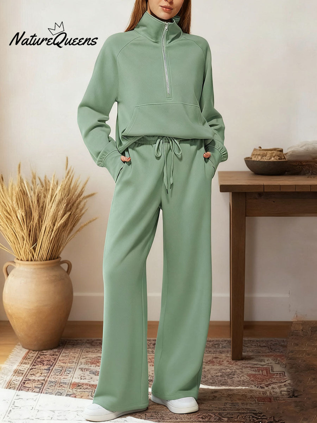 Women's Two-piece Set Half-zip Sweatshirt Wide-leg Pants Casual Suit.