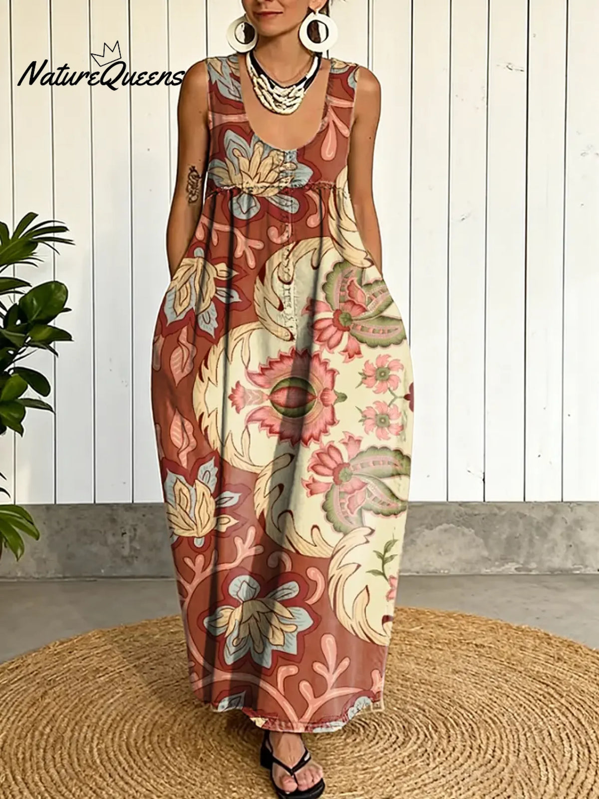 Women's Vintage Flower Pattern Art Print Casual Cotton Denim Dress