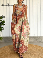 Women's Vintage Flower Pattern Art Print Casual Cotton Denim Dress