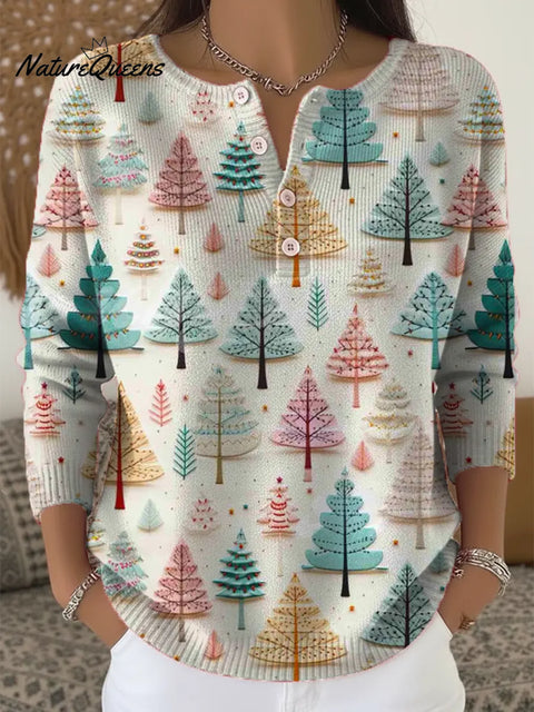 Women's Christmas Tree Pattern Art Print Casual Cardigan Sweater
