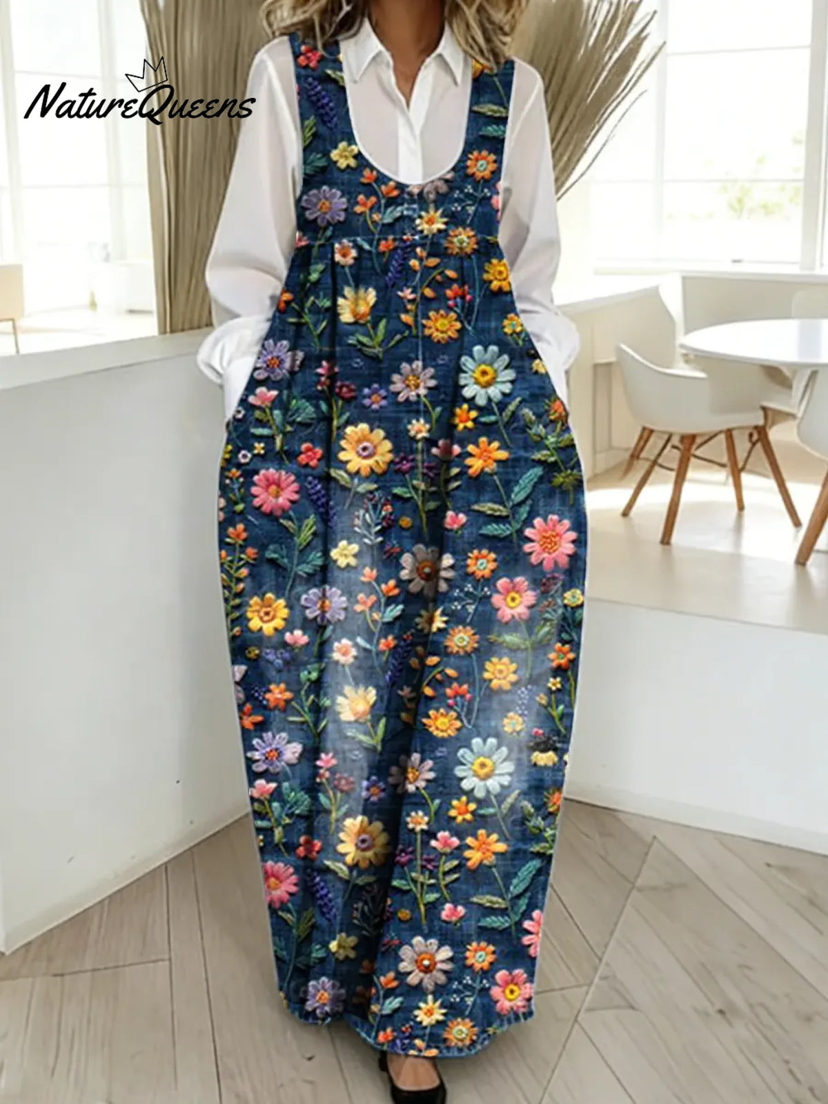 Women's Vintage Flower Pattern Art Print Casual Cotton Denim Dress