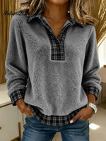 Women's Plaid Color-blocked Cardigan Collar Long-sleeved Casual Loose Sweatshirt
