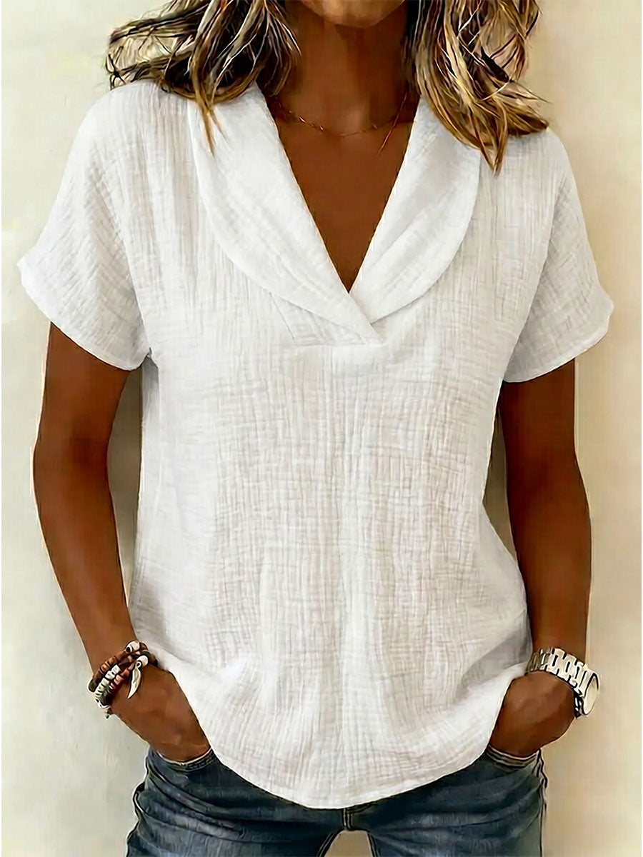 Peter Pan Collar V-neck Short-sleeve Cotton-linen Top