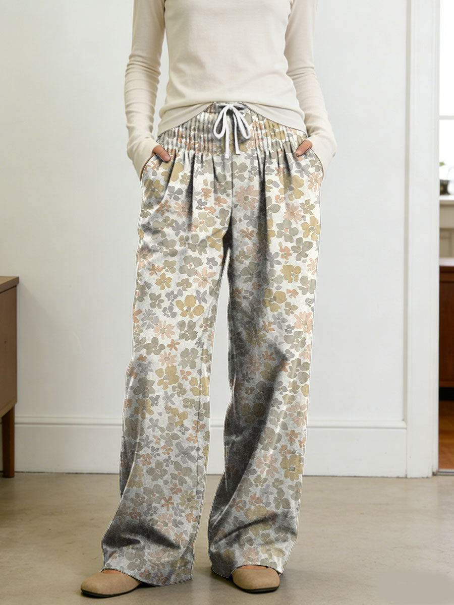 Floral Decorative Patterns Women's Casual Side Pockets Pants