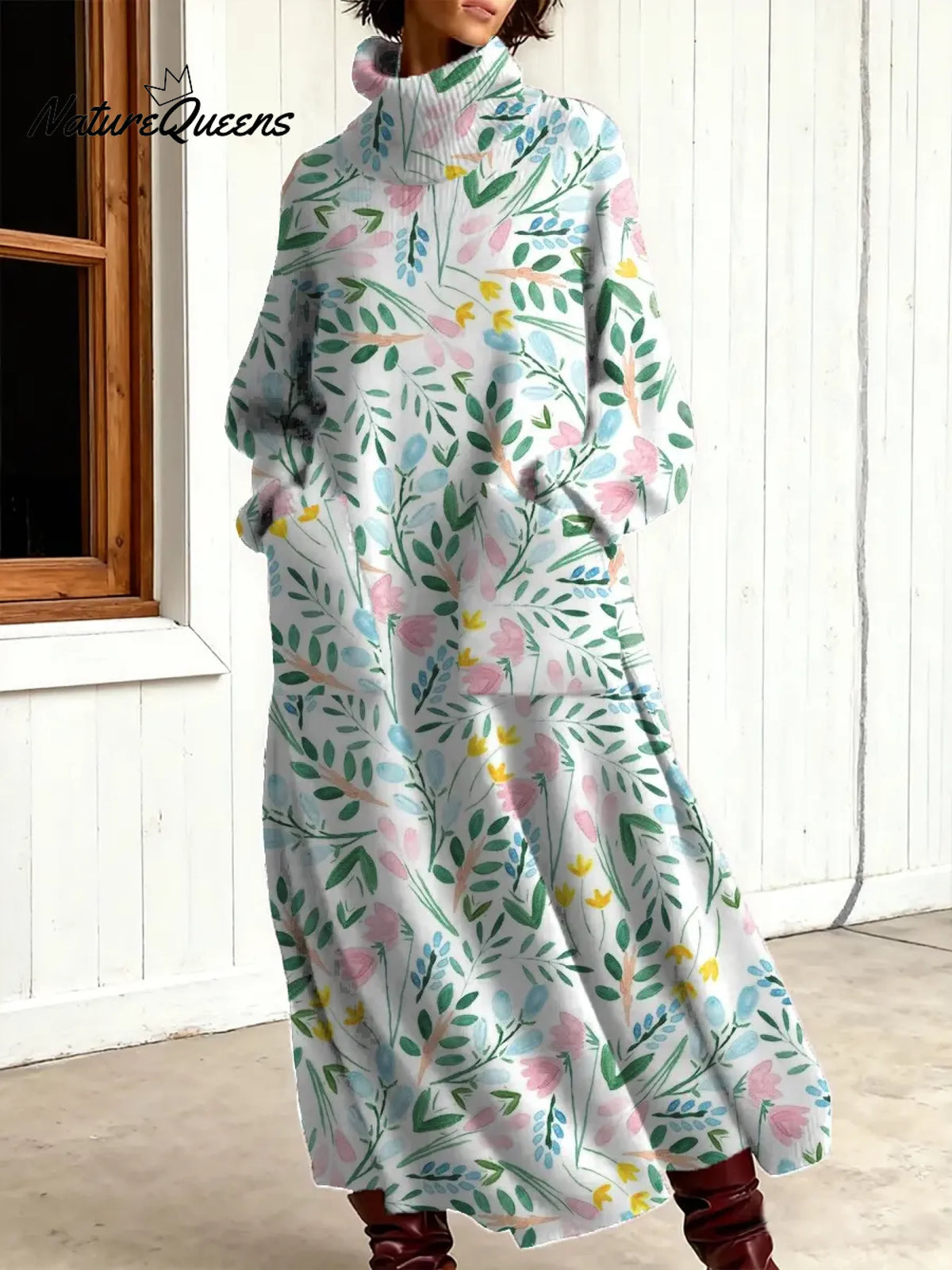 Women's Vintage Flower Art Print Casual Cotton Knitted Dress