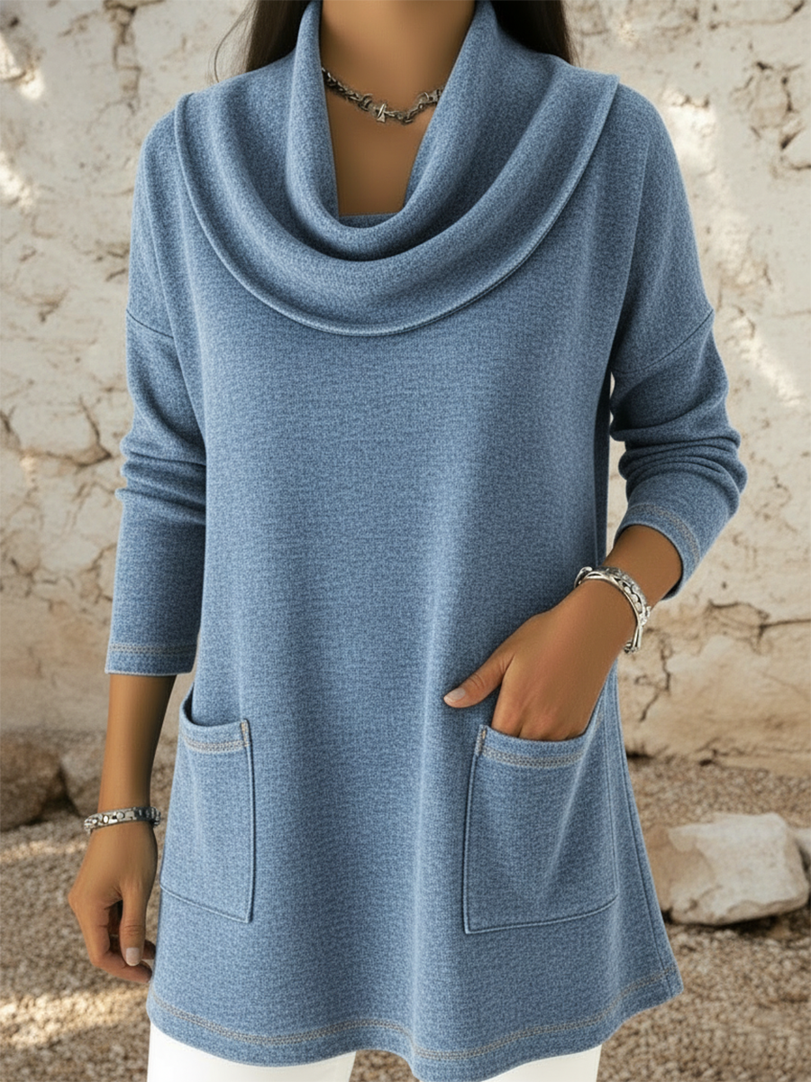 Casual Retro Cowl Neck Denim Cotton Top