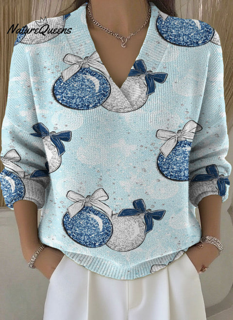 Christmas bell decoration pattern Women‘s Casual V  Collar Sweater