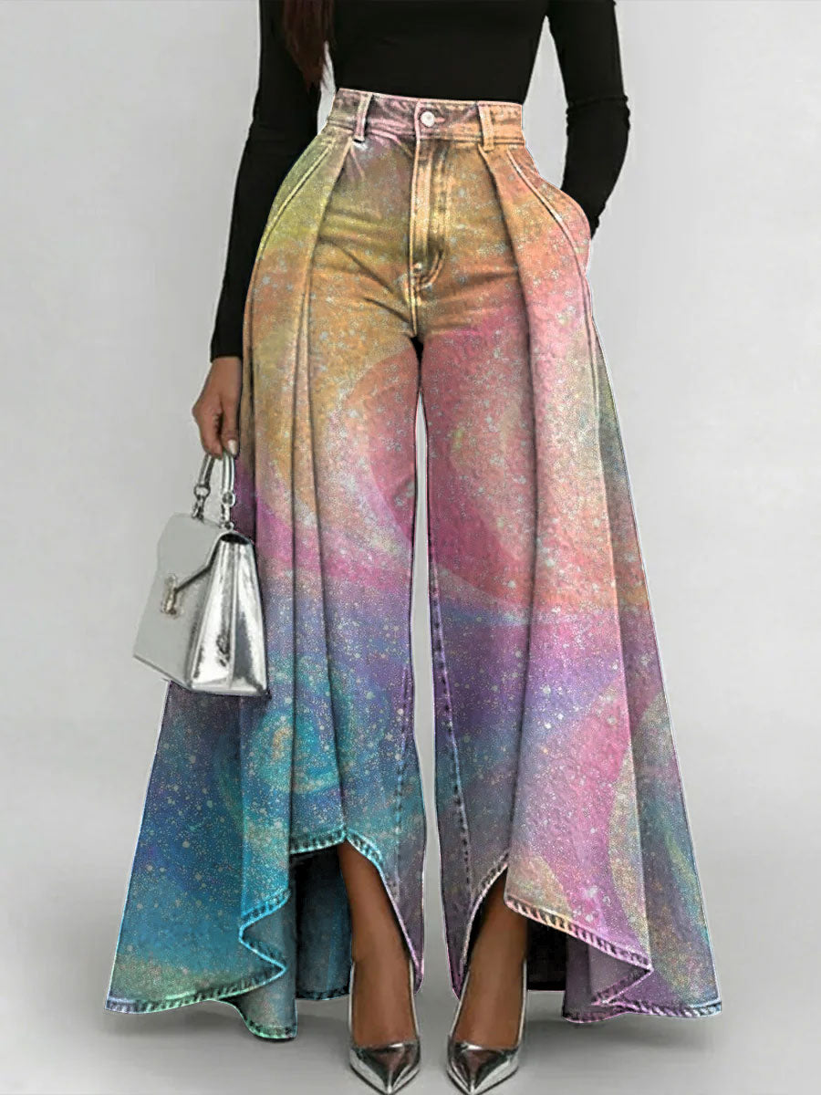 Women's Geometric Gradient Patchwork Print High-waisted Relaxed Wide-leg Jeans