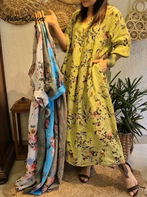 Women's V-neck Long-sleeved Casual Loose Floral Linen Dress