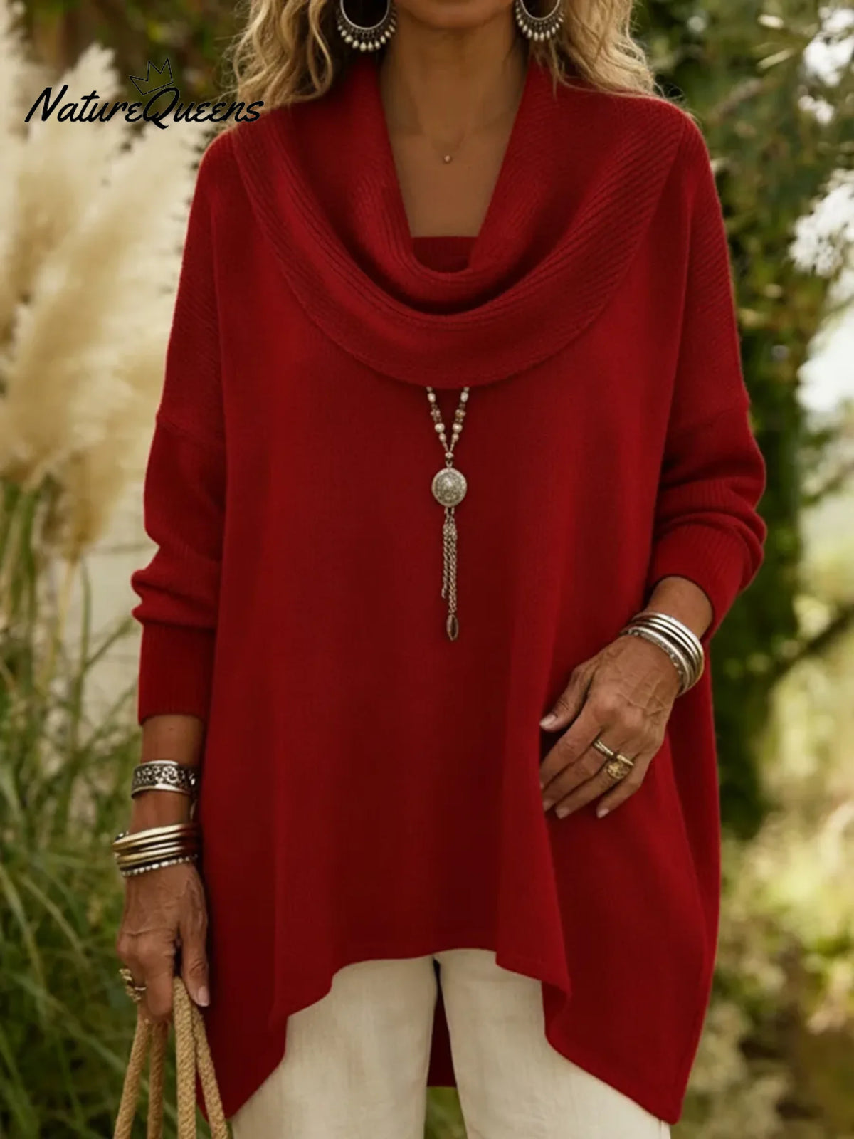 Elegant Draped Collar Irregular Hem Sweater Pullover