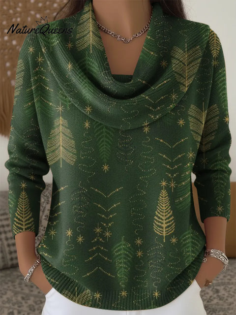 Women's Christmas Tree Art Print Cowl Neck Sweater