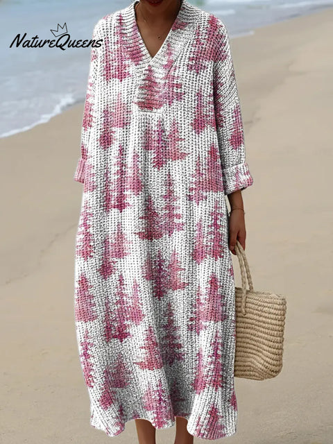 Pink Christmas Tree Print Knitted V-neck Dress
