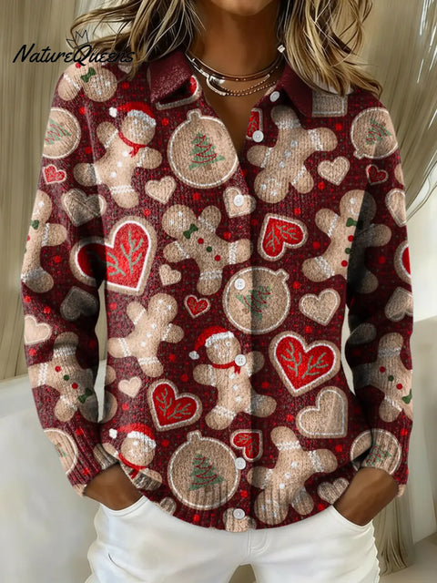 Women's Red Gingerbread Man Printed Collared Sweater