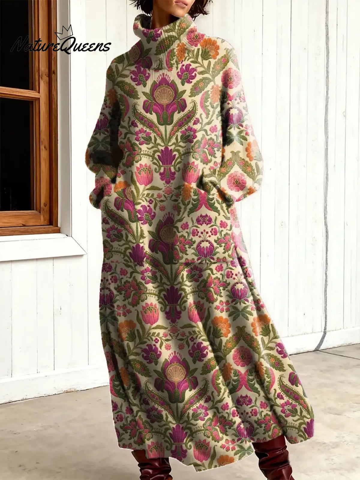 Women's Vintage Flower Art Print Casual Cotton Knitted Dress