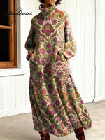 Women's Vintage Flower Art Print Casual Cotton Knitted Dress