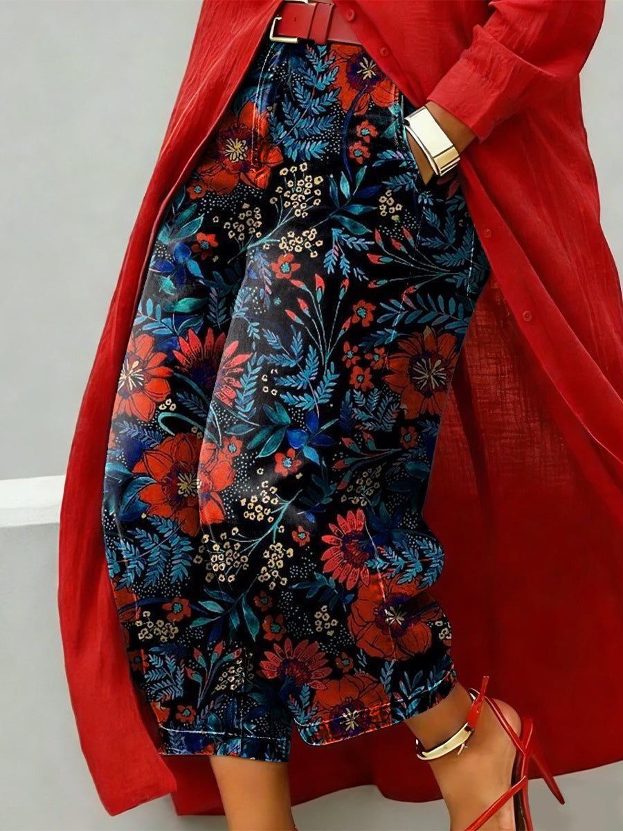 Elegant Floral Decorative Patterns Women's Denim Pants