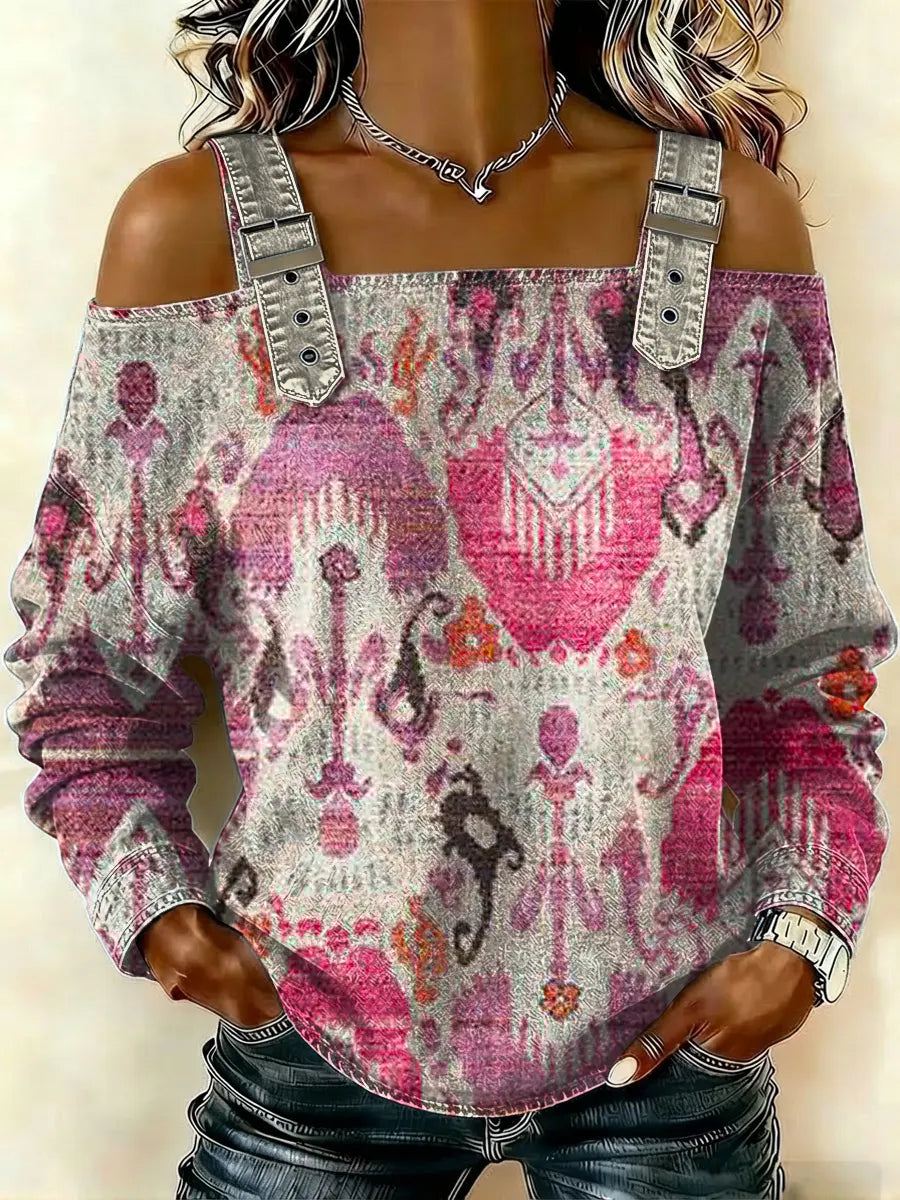 Women‘s Vintage Pattern Art Print Casual Cotton Denim Shirt