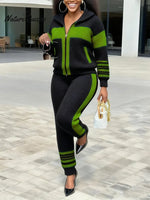 Women's Color Block Stand Collar Long Sleeve Casual Loose Knit Cardigan Top And Elastic Waist Casual Pants Set