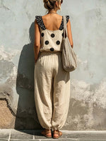 Women's Polka Dot Print V-neck Sleeveless Loose-fit Cotton-linen Top & Elastic-waist Wide-leg Pants Set