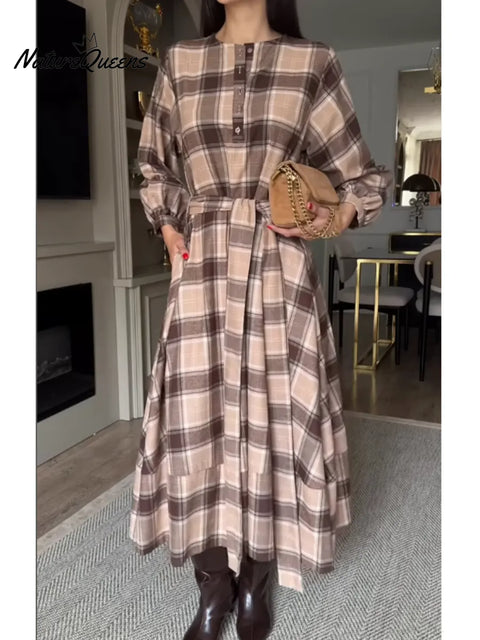 Women's Plaid Long-sleeved Cotton Dress