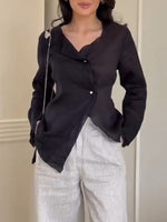 Women's Solid-color V-neck Long-sleeve Casual Loose Cotton-linen Top