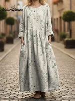 Women's Simple Art Flowers Print Pocket Cotton Dress