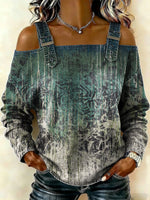 Women‘s Vintage Distressed Art Print Casual Cotton Denim Shirt