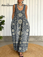 Women's Vintage Flower Pattern Art Print Casual Cotton Denim Dress