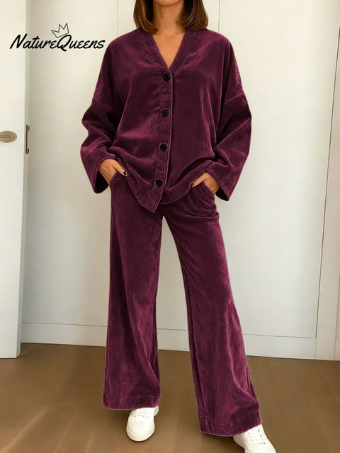 Women's Solid Color V-neck Casual Loose Cardigan High Waist Wide-leg Pants Set