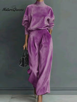 Women's Solid Color Stand Collar Long Sleeve Casual Loose Velvet Top And High Waist Casual Wide Leg Pants Set
